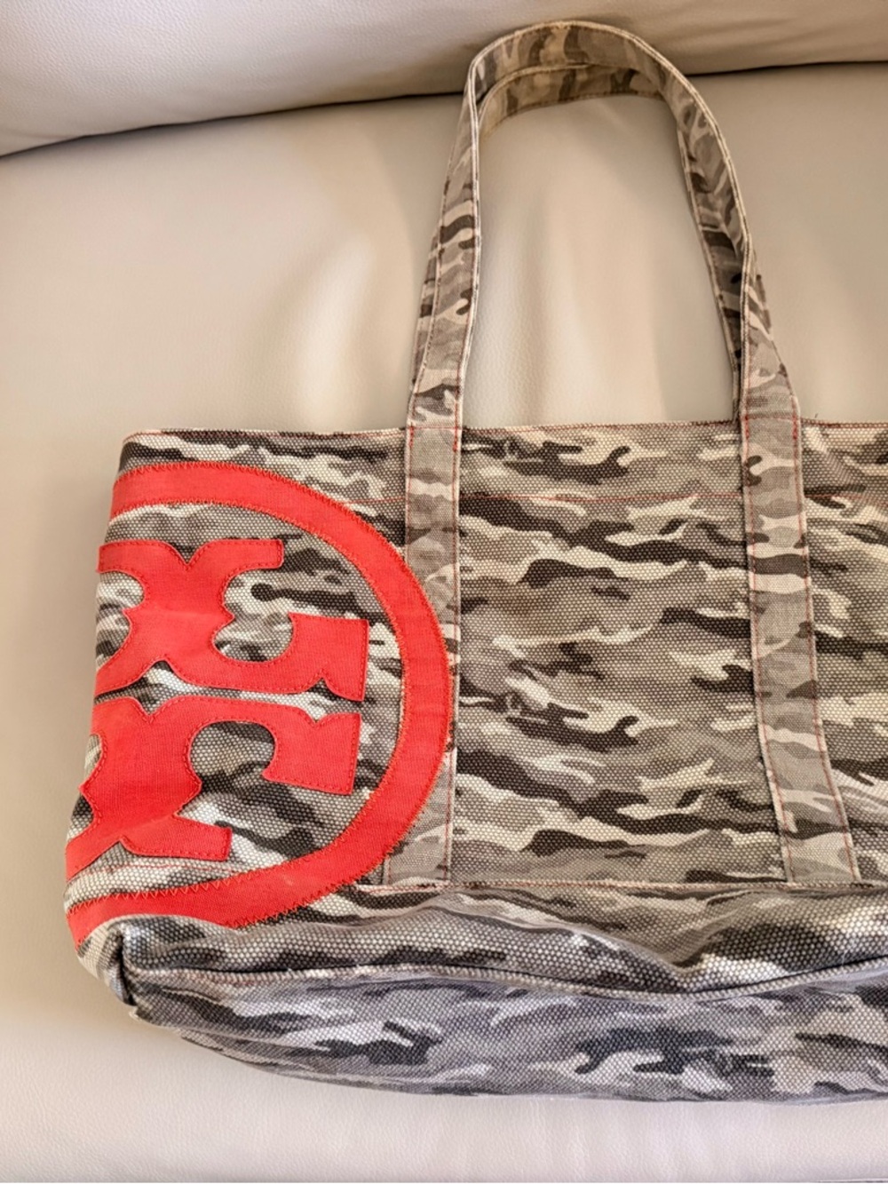 Tory Burch Camo Tote Bag with Red Logo Accent
